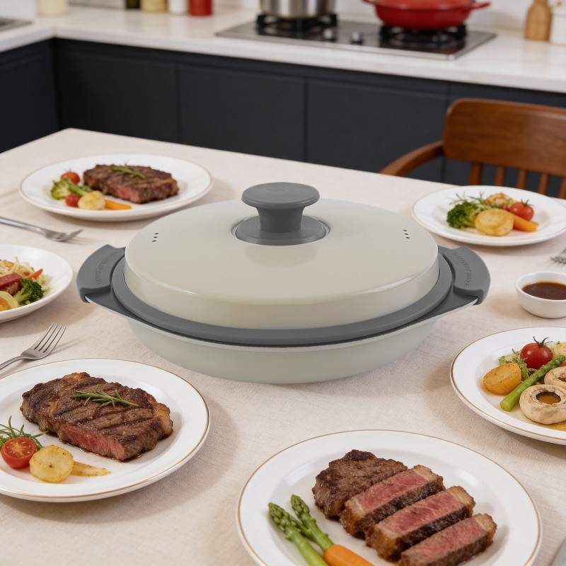 HeMaSe Cover with Steam Vent Microwave Grill Multi-Pot Top View - Sleek Red Design with Transparent Vented Lid and Ergonomic Grip